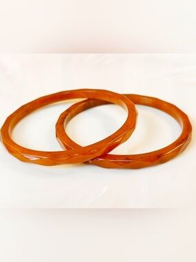 Vintage Art Deco Faceted Bakelite Bangles Set, Root Beer Cognac, Simichrome-test